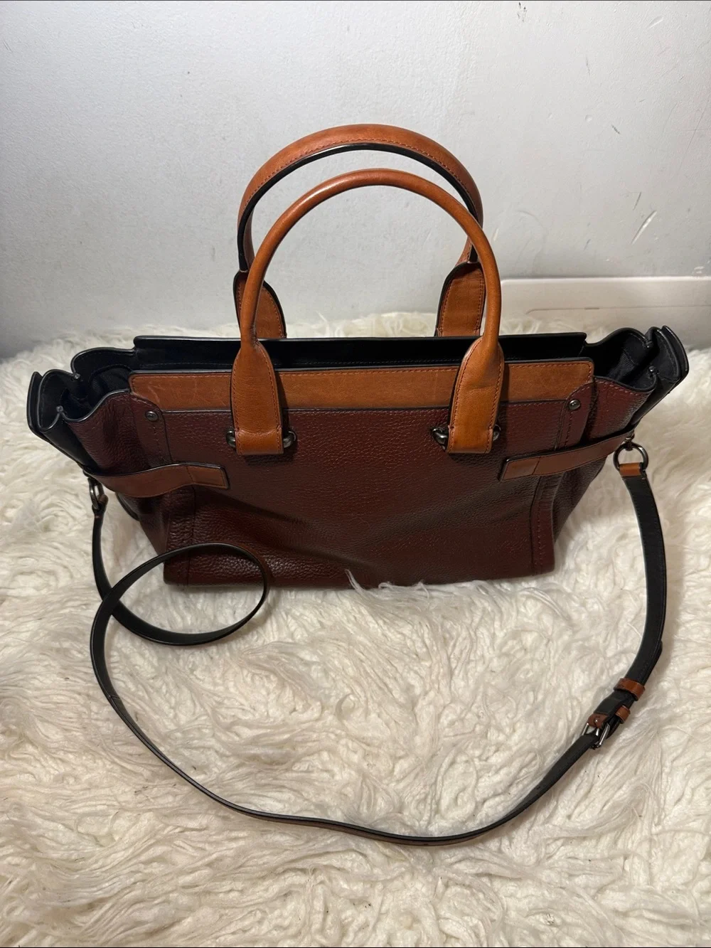 Coach Swagger Saddle & Mahogany Leather Satchel Handbag with Tan Accents medium